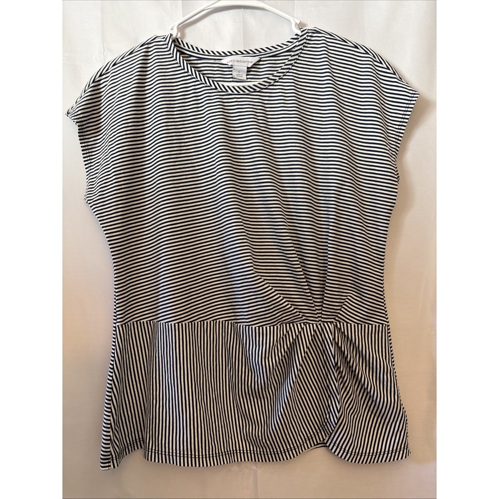 Liz Claiborne Cap Sleeve Striped Peplum Twisted Bottom Blouse Size L Coastal